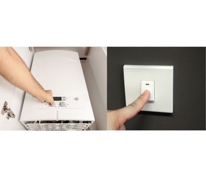 image showing a hand switching a boiler off on the appliance and at the switch