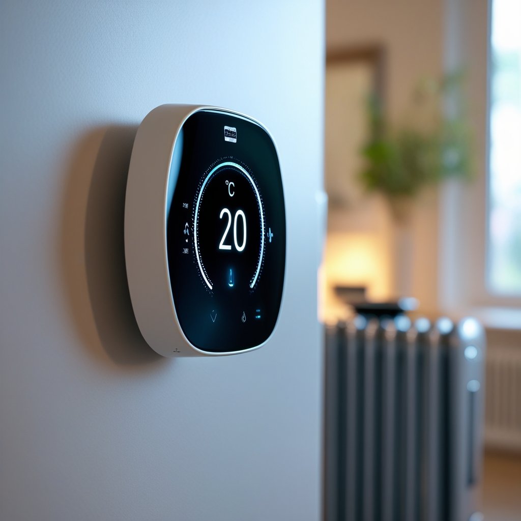 A smart thermostat mounted on a wall above a radiator in a home interior.