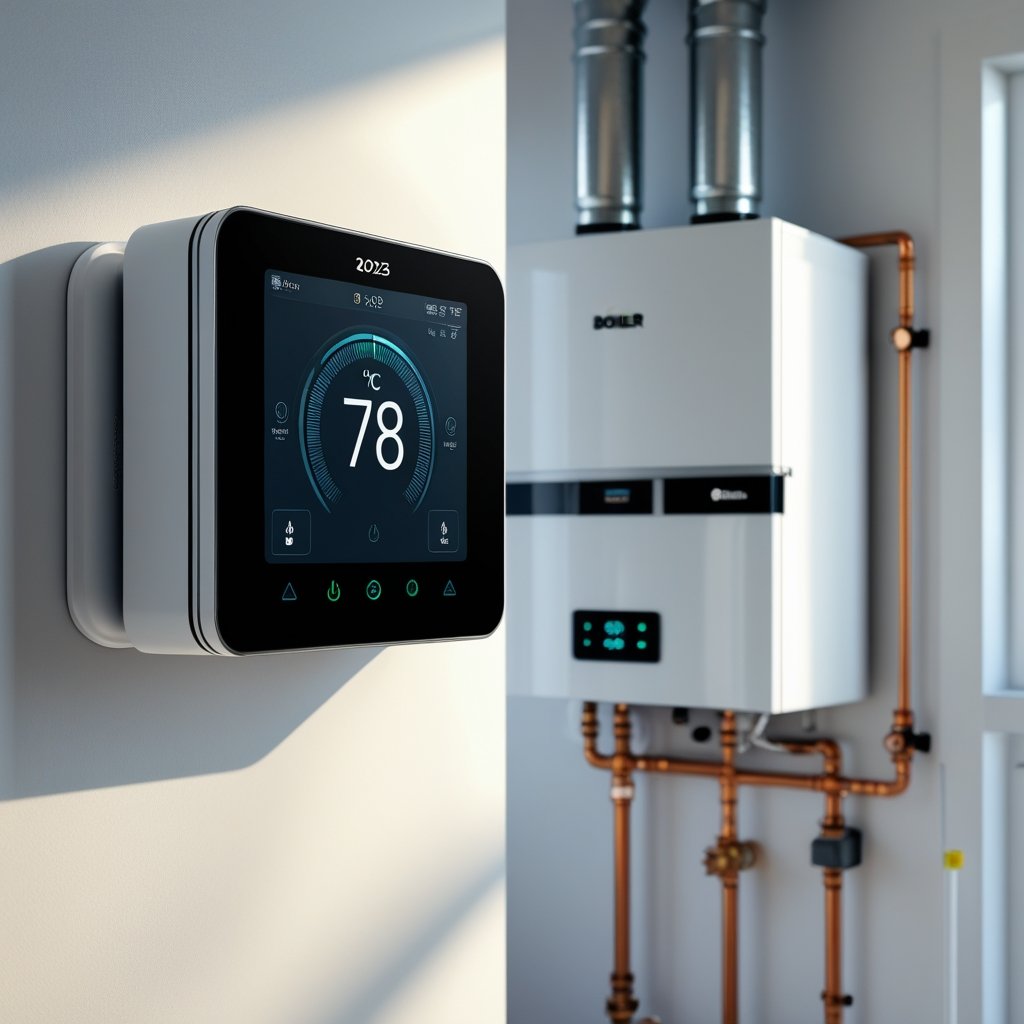 Smart thermostat mounted on a wall next to a boiler in a tidy utility room.