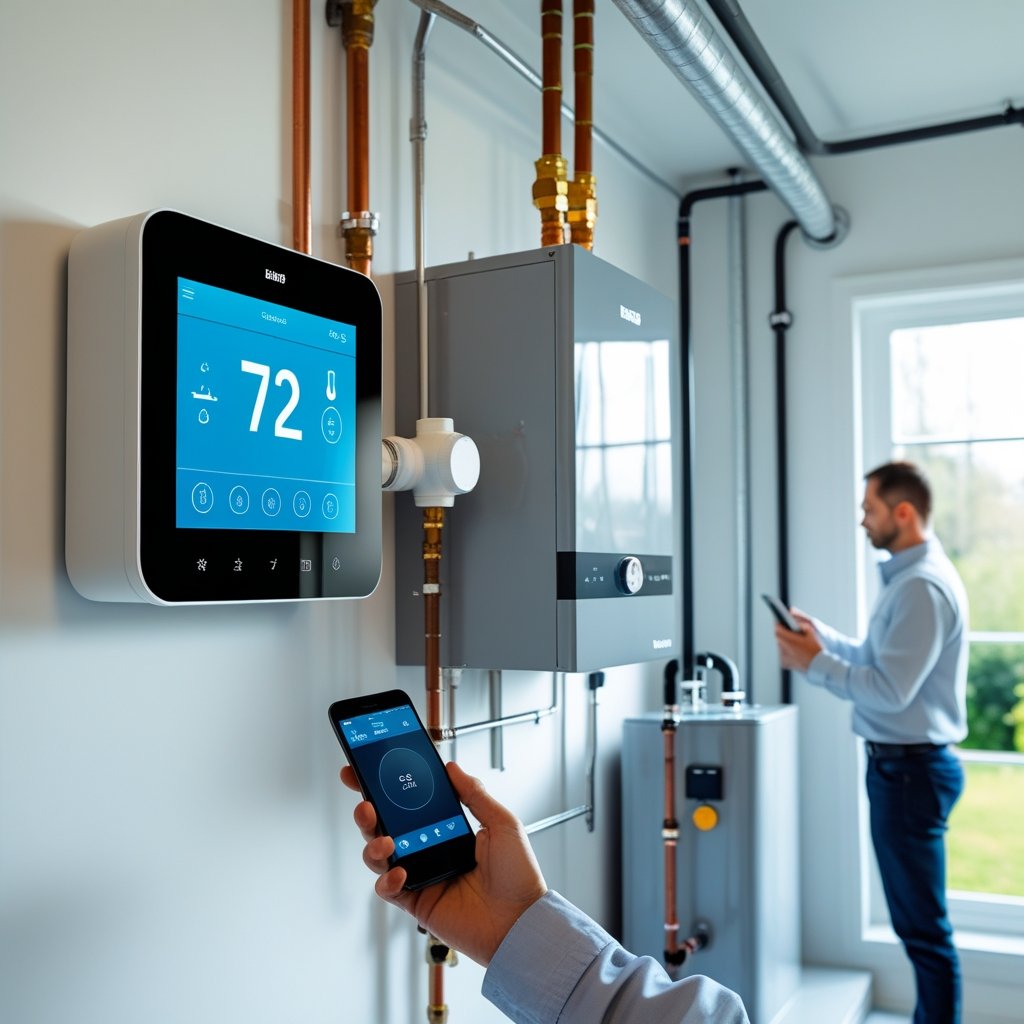 A smart thermostat installed on a wall next to a boiler with a person using a smartphone to control it in a bright utility room.