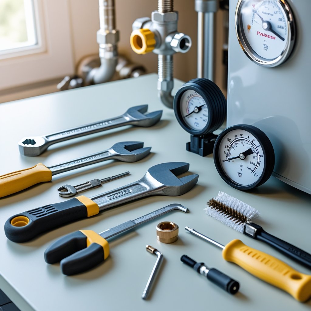 A set of essential boiler maintenance tools arranged on a workbench with a domestic boiler and pipes in the background.