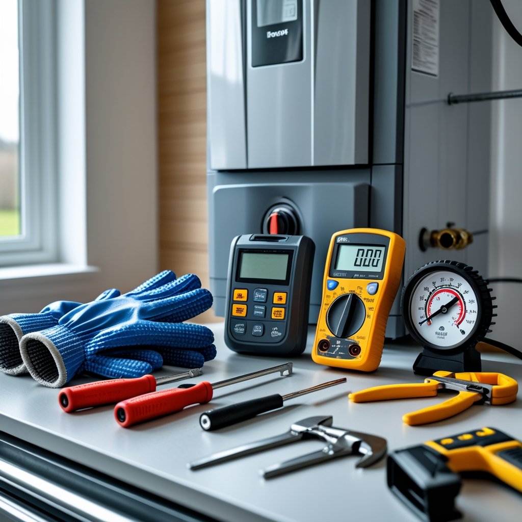 A collection of boiler maintenance tools and safety equipment arranged on a workbench next to a modern boiler in a home utility room.