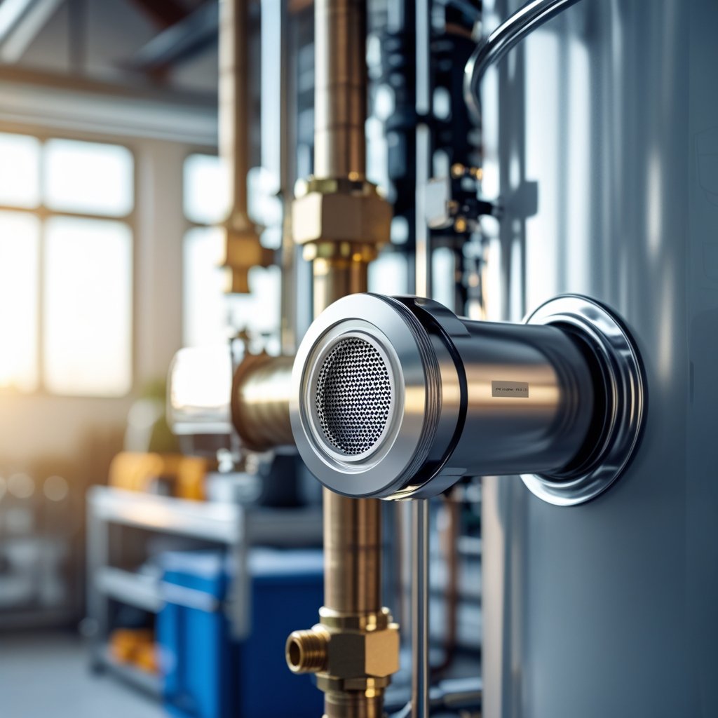 Close-up of a modern boiler system with a magnetic filter attached to the pipes in a workshop setting.