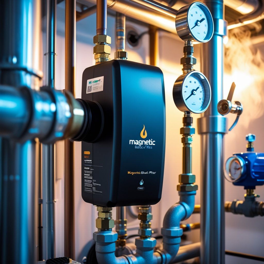Close-up of a magnetic boiler filter installed on pipes in a boiler room with gauges and valves.