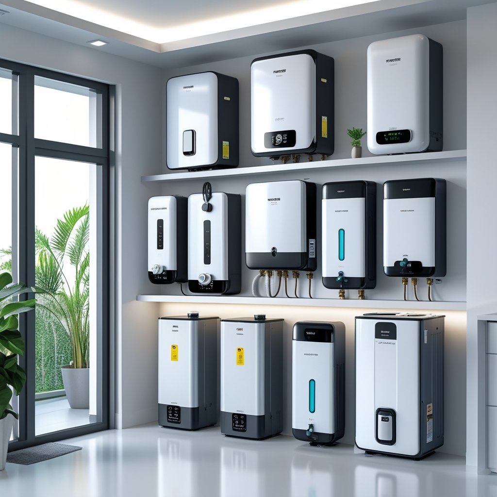 A variety of compact electric water heaters arranged in a clean indoor space, highlighting their small size and modern design.