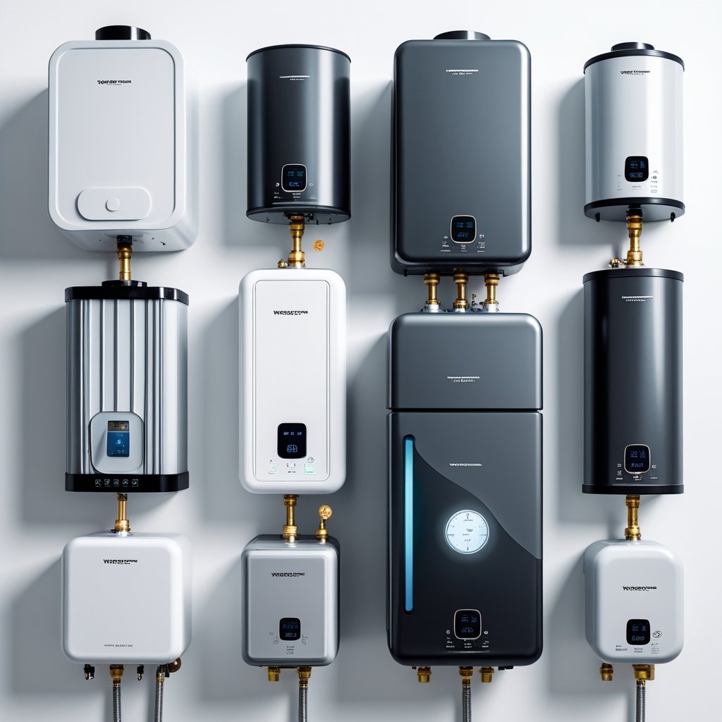 A collection of ten compact electric water heaters of various shapes and sizes displayed on a white background.