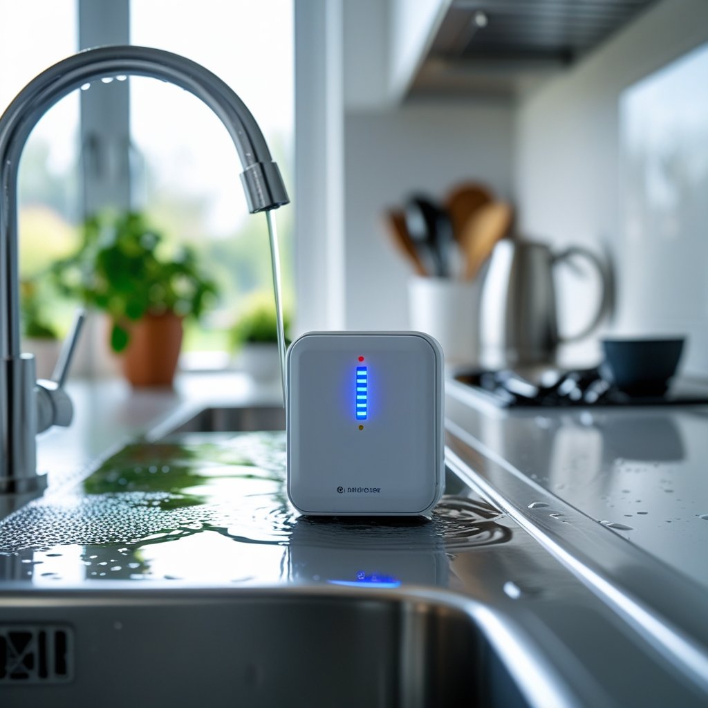 A kitchen sink with a water leak detector device placed nearby, showing a small indicator light, with a tidy kitchen background.