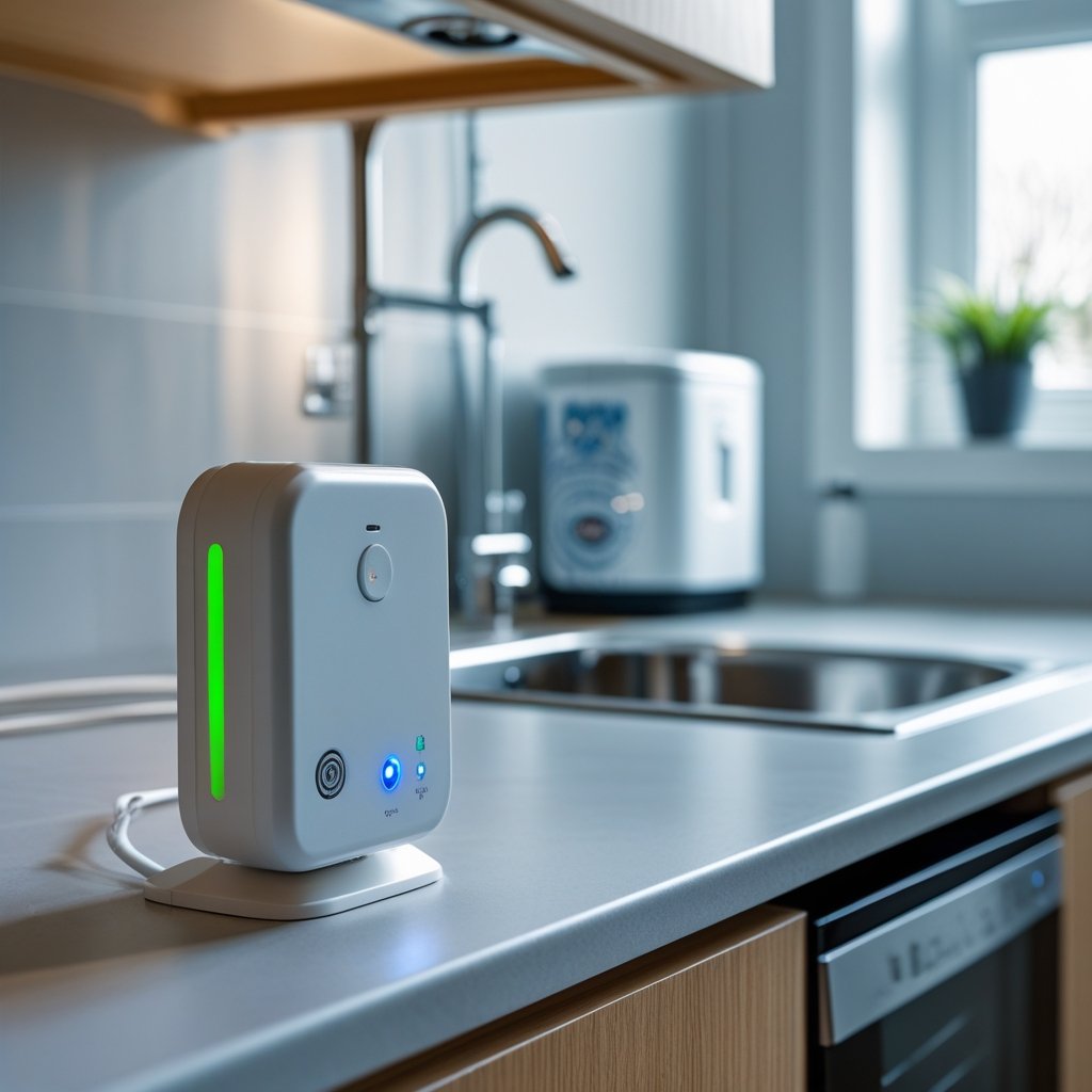 A water leak detector device installed near a kitchen sink pipe in a tidy home interior with appliances in the background.